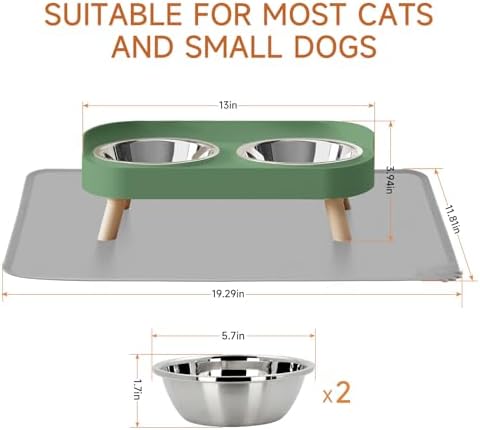 Elevated Cat Bowl with Food Mat, Raised Cat Food and Water Bowl Set for Indoor Cats, Splash Proof with 2 Stainless Steel Pet Food Bowls for Cats and Puppies,Whisker Fatigue and Dishwasher Safe (Green) - Image 6
