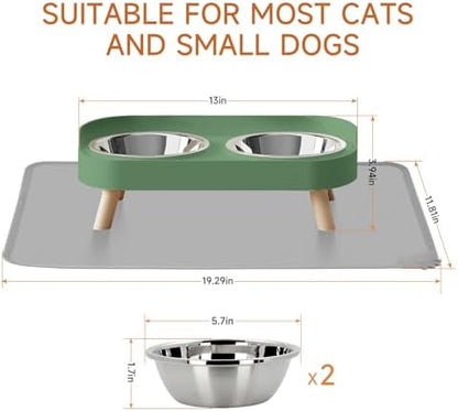 Elevated Cat Bowl with Food Mat, Raised Cat Food and Water Bowl Set for Indoor Cats, Splash Proof with 2 Stainless Steel Pet Food Bowls for Cats and Puppies,Whisker Fatigue and Dishwasher Safe (Green) - Image 6