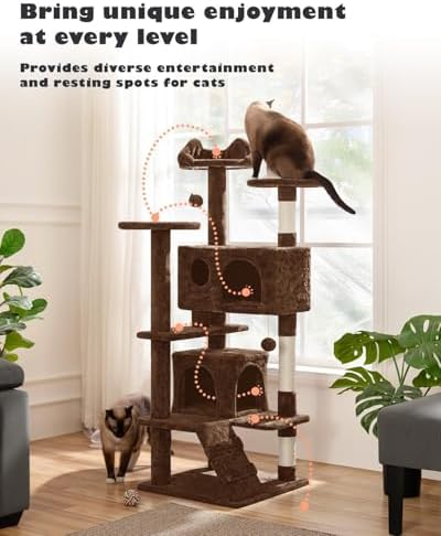 Yaheetech 54in Cat Tree Tower, 2 Caves, Kitten-Ear Perch & Scratching Posts - Image 2
