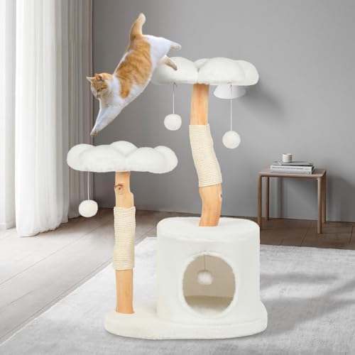 Cute Cat Tree Tower for Indoor Cats Adult, Wood Flower Cat Trees with 6 Pompoms, Modern Cat Tree Tower with Scratching Post, Aesthetic Luxury Cat Condo for Cats Kitten, Ivory by Yungaspy