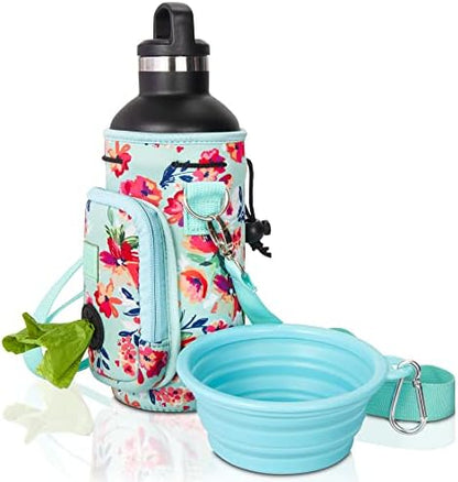 Made Easy Kit Water Bottle Carrier with Pocket for Dog Poop Waste Bags and Adjustable Padded Shoulder Strap (Large (32oz) with Bowl, Teal Floral) by MadeEasyKit