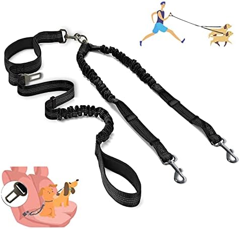 360° No Tangle Double Dog Leash, 2-in-1 Bungee Seatbelt Leash by Zhilishu