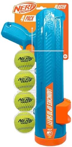 Nerf Dog 16in EXO Blaster Without Ball Clip and 2.5in Non-Squeak Tennis Ball 4-Pack Dog Toy - Light Blue/Orange and Green by GramercyProductsInc