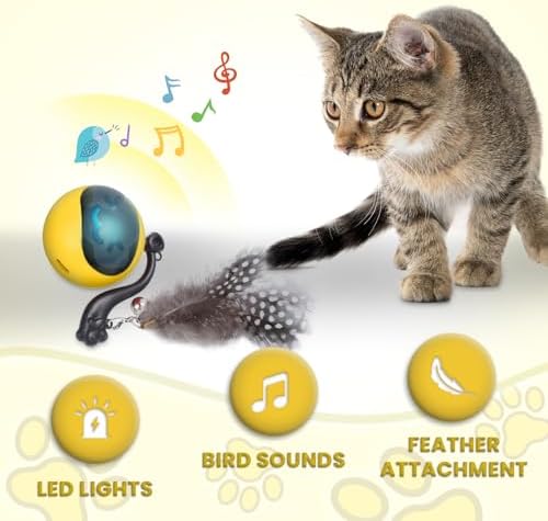Interactive Cat Toy Ball, Automatic Self-Rolling Cat Toy with Feather Tail, Rechargeable Smart Cat Ball for Indoor Cats（Yellow） - Image 3