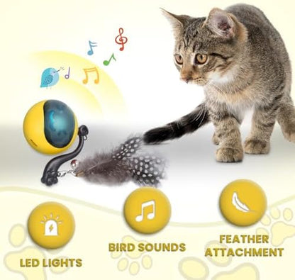 Interactive Cat Toy Ball, Automatic Self-Rolling Cat Toy with Feather Tail, Rechargeable Smart Cat Ball for Indoor Cats（Yellow） - Image 3