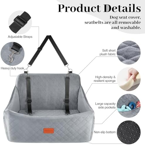 Wooaidagg Dog Car Seat for Medium & Large Dogs Up to 55lbs, Memory Foam Cushion, Washable Cover, Safety Straps & Non-Slip Base(Grey,Large) - Image 2