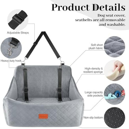 Wooaidagg Dog Car Seat for Medium & Large Dogs Up to 55lbs, Memory Foam Cushion, Washable Cover, Safety Straps & Non-Slip Base(Grey,Large) - Image 2