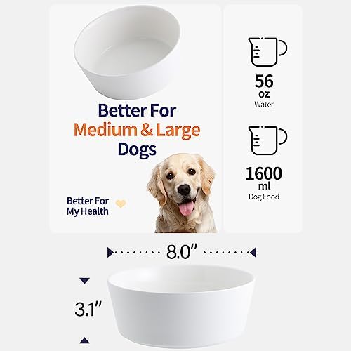 White Dog Bowl Ceramic for Medium Large Breed, Heavy Weighted Dog Food Water Dish, 8 in Non - Slip Modern Cute Extra Big Porcelain Pet Bowl Maze Wide Mouth - Image 4