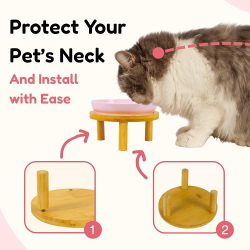 Elevated Ceramic Cat Bowls with Bamboo Stand for Cat Bowl, Whisker Friendly Shallow Cat Plate, Stable Raised Cat Food Riser for Indoor Cats (Pink, Set of 1) - Image 3