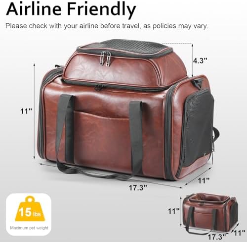 Premium Leather Top Expandable Pet Carrier for Small Dogs & Cats Under 15 lbs, Airline Approved Collapsible Soft-Sided Luxury Travel Bag Coffee - Image 2