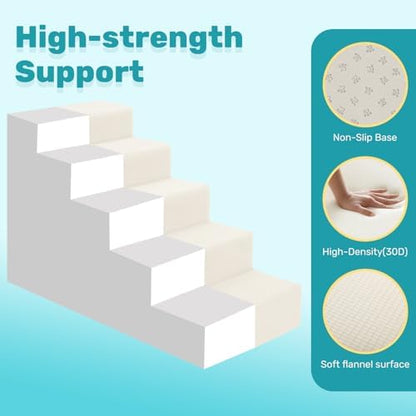Dog Stairs for Bed, Extra Wide 5-Step Dog Steps for High Bed, High-Density Foam Pet Stairs with Non-Slip Removable Washable Cover for Small Pets, 23" H, Beige - Image 3