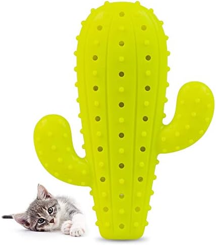 Pet Craft Supply Cactus Interactive Cat Toy Chew Toy Teeth Cleaning Bite Resistant 100% Natural Rubber with Bonus Catnip and Silvervine Bags for Kittens and Adult Cat by PetCraftSupplyCo