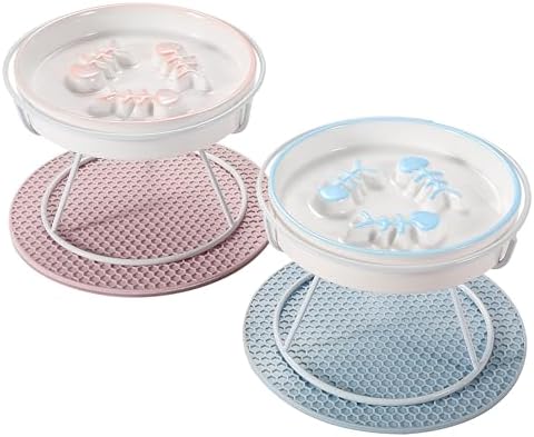 Ceramic Elevated Cat Bowls Set, Anti Vomit, Removable Dishes, Pink & Blue by Trundisan
