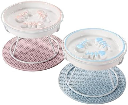 Ceramic Elevated Cat Bowls Set, Anti Vomit, Removable Dishes, Pink & Blue by Trundisan