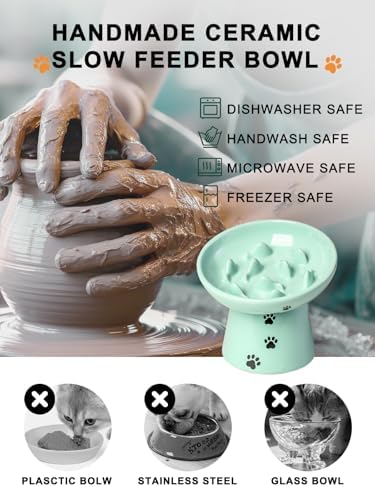 Y YHY Slow Feeder Cat Bowl, Ceramic Cat Slow Feeder Bowl, 6 Inches, Elevated, Anti Vomiting for Dry and Wet Food, Green - Image 6