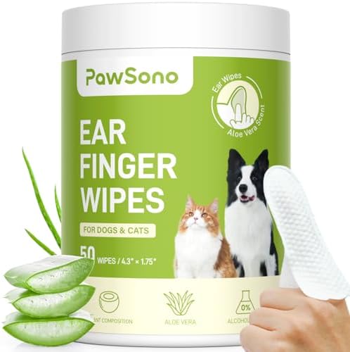 PawSono Dog Ear Wipes - 50 Count Dog Ear Cleaner Finger Wipes for Dogs & Cats, Pre-Moistened Ear Cleaning Wipes for Puppies, Kittens & Small Animals, Thick Pet Ear Wipes to Remove Wax, Dirt & Debris by PawSono