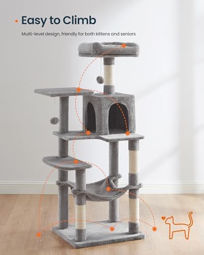 SONGMICS HOME Cat Tree for Indoor Cats, Multi-Level Cat Tower with Sisal Scratching Posts, Hammock and Condo, Light Gray - Image 3