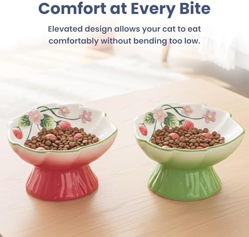 PawsPik Strawberry Blooms Elevated Ceramic Cat Bowl, Red - Image 7