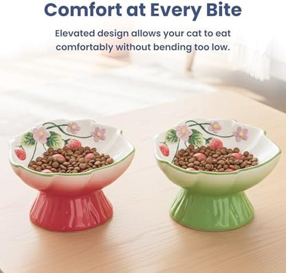 PawsPik Strawberry Blooms Elevated Ceramic Cat Bowl, Red - Image 7