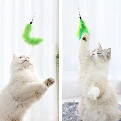 SONGWAY Cat Feather Toys Wand - 7 Pcs Interactive Cat Toys for Indoor Cats Kittens, Retractable Cat Wand with 6 Feather Teaser Refills with Bell, Cats Fishing Pole Toy, Green - Image 5