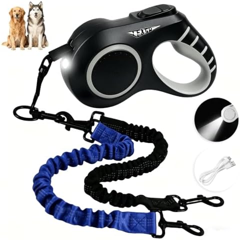 19.7ft LED 360° Dual Retractable Dog Leash for Medium to Large Dogs 35–65 lbs, USB Rechargeable LED Light, 360° Tangle-Free, Detachable Front Lead & Emergency Ready, Reflective Elastic (Black) by VEThalasynTech