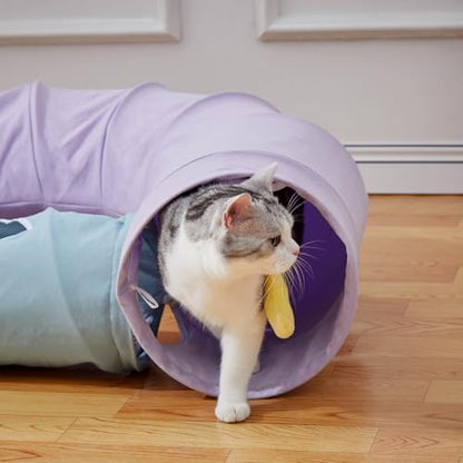 Cat Tunnel, Large Indoor Durable Collapsible Interactive Cat Tube with Peek-A-Boo Hole, Hanging Toys, and Crinkly Paper Lining - Cute Tunnel for Cats, Kittens, Puppies & Rabbits, Purple - Image 2