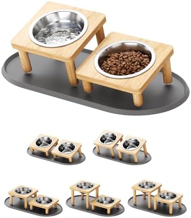 NiHome Elevated Cat Bowls with Mat, Adjustable Bamboo Stand, 2 Steel Bowls by NiHome