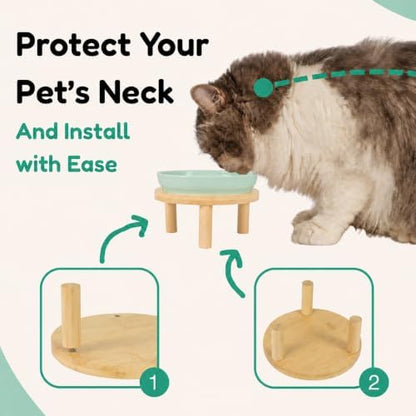 Slow Feeder Cat Bowls with Bamboo Stand, Ceramic Elevated Pet Food Plates for Cats and Small Dogs, Raised Non-Slip Feeder (Green/6.3") - Image 4