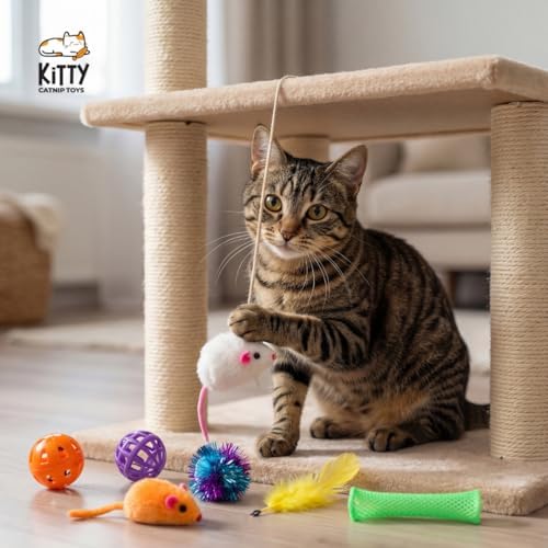 Kitty Catnip Toys- 30 Interactive Cat Toys for Indoor Cats & Kittens – Crinkle Balls, Sparkle Pom Pom Balls, Spiral Springs, Cat Mice, Teaser Wand, Kitten Toys, Cat Accessories - Variety Pack - Image 6