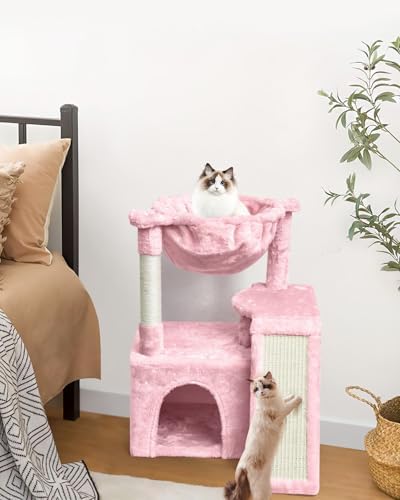 SYANDLVY Cat Tree for Indoor Cats Large Adults, Modern Activity Tower with Scratching Posts & Board, Condo with Plush Perch, Climbing Stand with Cradle & Hanging Ball for Play, Pink - Image 4