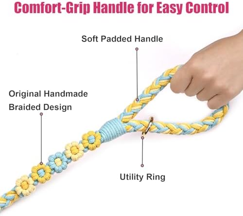 5FT Braided Cotton Rope Leash for Small, Medium and Large Dogs, Blue & Yellow Twist - Image 3