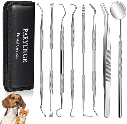 8 Pcs Dental Tools Pet Dog Teeth Cleaning Tool Kit, Stainless Steel Dental Picks Mouth Mirror Tooth Scraper Plaque Tartar Remover, Pets Oral Care Hygiene Set for Dogs and Cats Use with Case by PARYUNGR