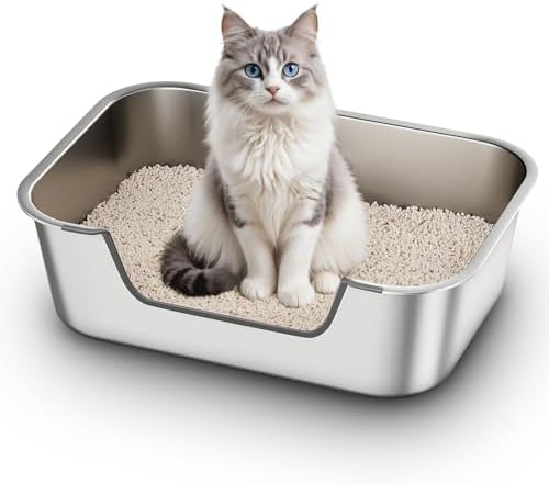 Qiuma Stainless Steel Cat Litter Box with Low Entry, Metal Kitty Litter Box for Senior or Injured Cats, Odor-Free, Non-Stick, Easy to Clean, 19.5"x13.6"x5.9", Litter Pan for Big and Small Cats by Unknown