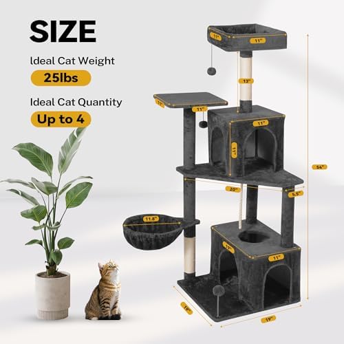 54inch Large Cat Tree Tower Condo with Hammock for Indoor Cats, Soft Plush Multi-Level Climbing Tree Cat House with Cat Cave, Scratching Post, Sisal Rope, Grey Black - Image 2