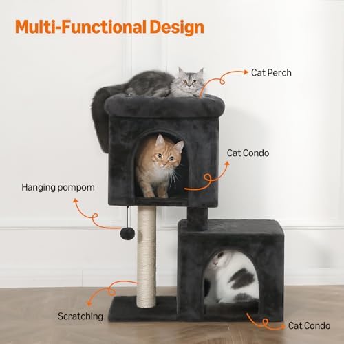 Amazon Basics 30-Inch Cat Tree Tower, Activity Center with 2 Plush Condos, Sisal Scratching Post and Hanging Pompom, Gray - Image 2