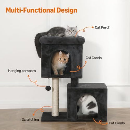 Amazon Basics 30-Inch Cat Tree Tower, Activity Center with 2 Plush Condos, Sisal Scratching Post and Hanging Pompom, Gray - Image 2