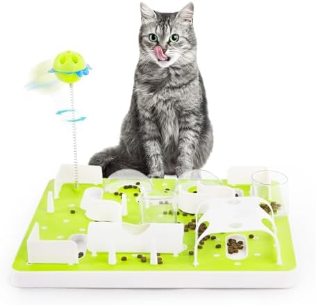 ALL FOR PAWS Interactive Cat Puzzle Feeder, Slow Feeder with Teaser Ball, Treat Maze Feeder & Brain Toy, Mentally Stimulating Enrichment Toy for Kittens & Indoor Cats by Home