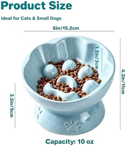 Ceramic Slow Feeder Cat Bowl, Elevated Tilted Design, Blue - Image 2