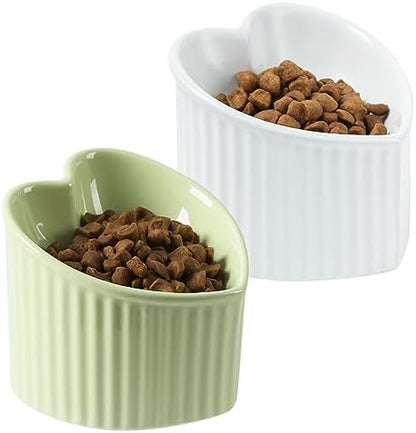 5 in Ceramic Raised Tilted Cat Food Bowls 2 Pack(White&Green) by FIVEAGE