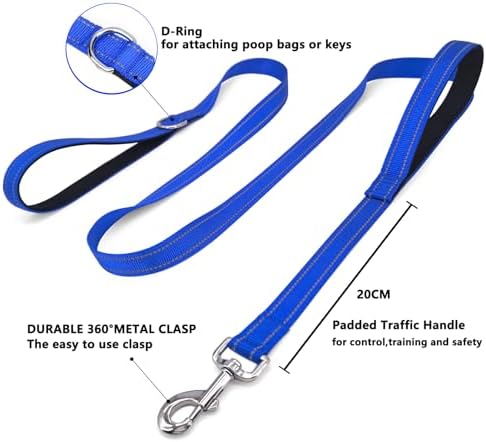 6 FT Blue Nylon Reflective Dog Leash for Medium Dogs with 2 Padded Handle - Image 3