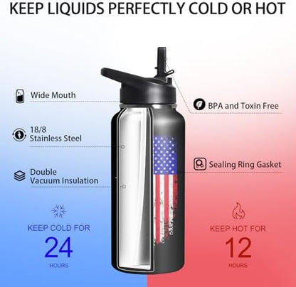 32oz American Flag Stainless Insulated Aater Water Bottle with Straw, American Flag Gym Hiking Sports Coffee Mug Cup Water Bottles,Patriotic Military Gifts For Veterans, Police - Image 4