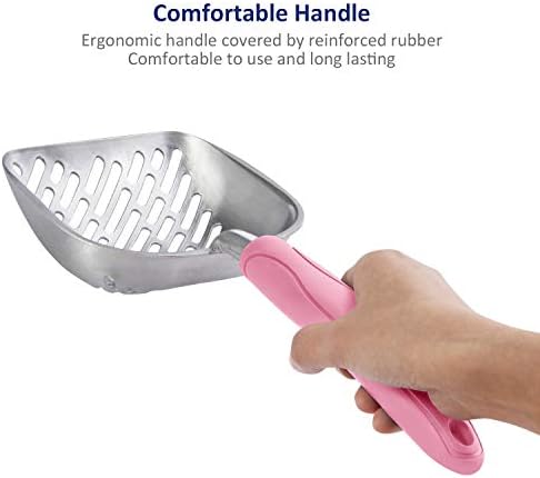 WePet Cat Litter Scoop, Aluminum Alloy Sifter, Kitty Metal Scooper, Deep Shovel with Diagonal Sifting Hole, Long Handle, Kitten Poop Lifter for Litter Box, Large Size, Pink Handle - Image 3