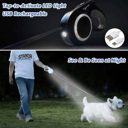 16.4ft LED 360° Dual Retractable Dog Leash for Medium Dogs 35–55 lbs, USB Rechargeable LED Light, 360° Tangle-Free, Detachable Front Lead & Emergency Ready, Reflective Elastic (White) - Image 3