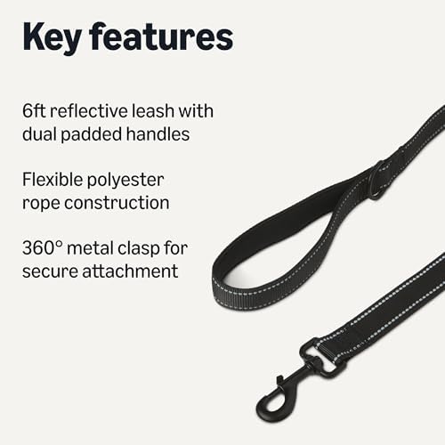 Amazon Basics Dog Leash, 6ft with 2 Comfortable Dual Padded Handles for Traffic Control, Highly Reflective Leashes for Large & Medium Dogs, Night Safety, Easy Snap Hook, Black - Image 2