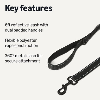 Amazon Basics Dog Leash, 6ft with 2 Comfortable Dual Padded Handles for Traffic Control, Highly Reflective Leashes for Large & Medium Dogs, Night Safety, Easy Snap Hook, Black - Image 2