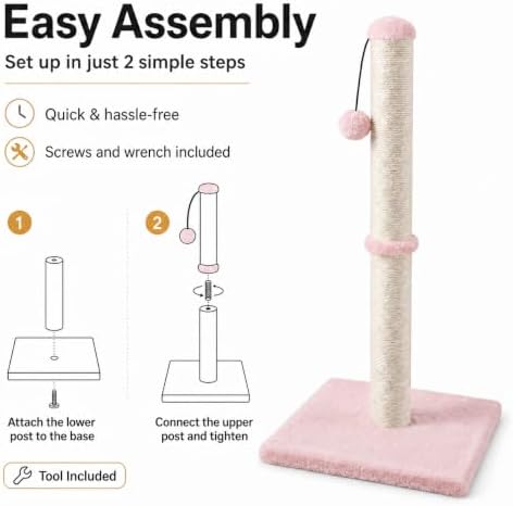 Dimaka Tall Cat Scratching Post, Claw Scratcher with Sisal Rope and Covered with Soft Smooth Plush, Vertical Scratch [Full Strectch] for Standard Size Cats (Pink, 34 inches for Large Cats) - Image 5
