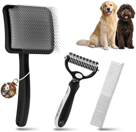 Large Dog 3 in 1 Grooming Kit, Extra Long Pin Slicker Brush, Black by YOYUPETA