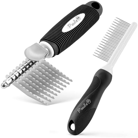 Poodle Pet Bundle - Dematting Fur Rake Comb Brush Tool with Steel Safety Blades and Detangling Pet Comb with Long and Short Stainless Steel Teeth for Detangling Matted or Knotted Undercoat Hair (Black by Poodlie