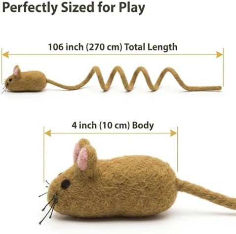 Glaciart One Felt Mouse Cat Toy – Soft Fuzzy Enrichment 100% Natural Wool - Interactive Catnip Play Cat Toy Set - Safe for Pets, Non-AZO Colored Dyes - 100” Long - Image 3