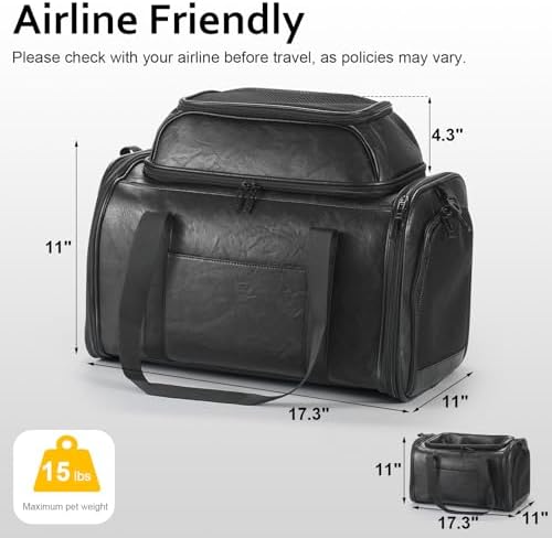 Premium Leather Top Expandable Pet Carrier for Small Dogs & Cats Under 15 lbs, Airline Approved Collapsible Soft-Sided Luxury Travel Bag Black - Image 2